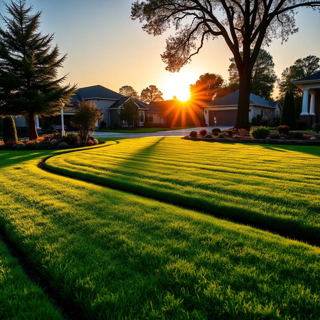 Manicured lawn at golden hour in front of a Milwaukee home